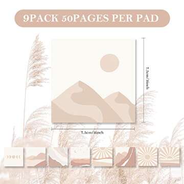 ECam [9 Pads] Boho Style Sticky Notes, Self-Stick Note Pads, Cute Adhesive Memo Assorted Pattern Styles Notepad, 3 in x in, 50 Sheets/Pad, Recyclable, Multi-Color, Beige (ECam-504-2)