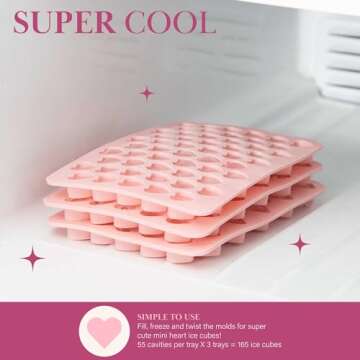 Paris Hilton Heart Shaped Mini Ice Cube Tray Set, Includes 3 Mini Ice Cube Molds, Ice Bin Storage Container with Lid and Ice Scoop, Easy Release Silicone Ice Mold, Made without BPA, 6-Piece Set, Pink