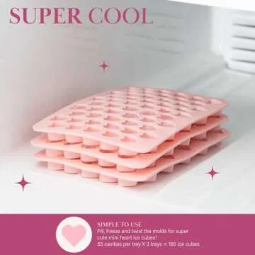 Paris Hilton Heart Shaped Mini Ice Cube Tray Set, Includes 3 Mini Ice Cube Molds, Ice Bin Storage Container with Lid and Ice Scoop, Easy Release Silicone Ice Mold, Made without BPA, 6-Piece Set, Pink