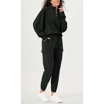 ODODOS Cargo Jogger Pants for Women Purevibe Cotton Mid Waist Track Cuff Lounge Sweatpant with Pockets-25 Inseam, Black, Small