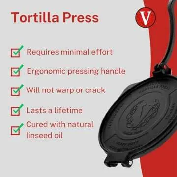 Victoria 8-Inch Cast Iron Tortilla Press HD Spherrous, Commercial-Grade Cast Iron Tortilla Maker, Roti Press, Pataconera Seasoned with Flaxseed Oil, Made in Colombia, Black