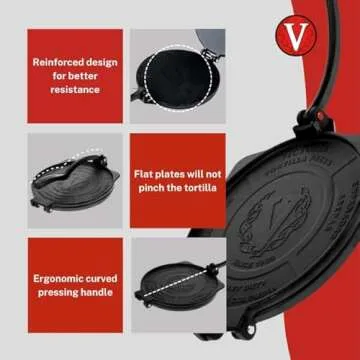 Victoria 8-Inch Cast Iron Tortilla Press HD Spherrous, Commercial-Grade Cast Iron Tortilla Maker, Roti Press, Pataconera Seasoned with Flaxseed Oil, Made in Colombia, Black