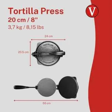 Victoria 8-Inch Cast Iron Tortilla Press HD Spherrous, Commercial-Grade Cast Iron Tortilla Maker, Roti Press, Pataconera Seasoned with Flaxseed Oil, Made in Colombia, Black