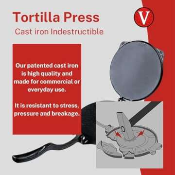 Victoria 8-Inch Cast Iron Tortilla Press HD Spherrous, Commercial-Grade Cast Iron Tortilla Maker, Roti Press, Pataconera Seasoned with Flaxseed Oil, Made in Colombia, Black
