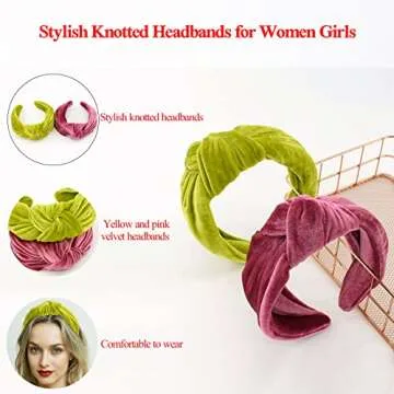 BEGOOD Headbands 2Pcs, Womens Knotted Wide Headbands, Velvet Headband, Large Head Bans for Women's Hair Fashion Designer Girls Headbands Hair Accessories, Rose and Green