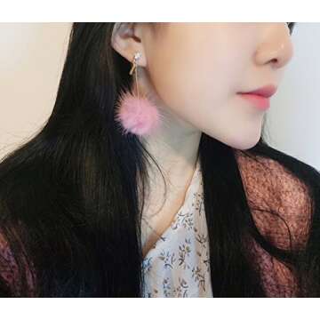 ilishop Fashion Fur Pom Pom Ball Dangle Earrings Pink Free