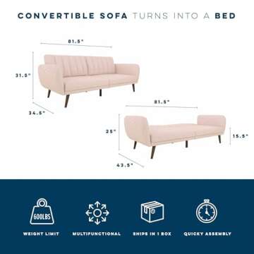 Novogratz Brittany 82 Inch Futon Sofa Bed, Upholstered Couch Sleeper with Tufted Back, Mid-Century Modern, Pink