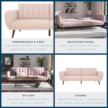 Novogratz Brittany 82 Inch Futon Sofa Bed, Upholstered Couch Sleeper with Tufted Back, Mid-Century Modern, Pink