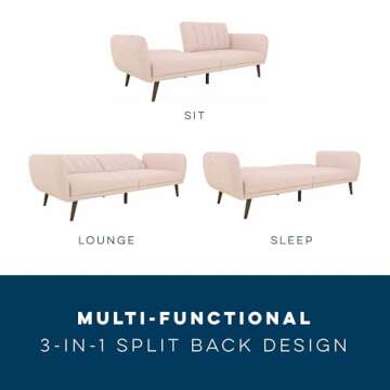 Novogratz Brittany 82 Inch Futon Sofa Bed, Upholstered Couch Sleeper with Tufted Back, Mid-Century Modern, Pink