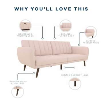 Novogratz Brittany 82 Inch Futon Sofa Bed, Upholstered Couch Sleeper with Tufted Back, Mid-Century Modern, Pink
