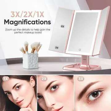 Trifold Makeup Mirror with LED Lights & Magnification