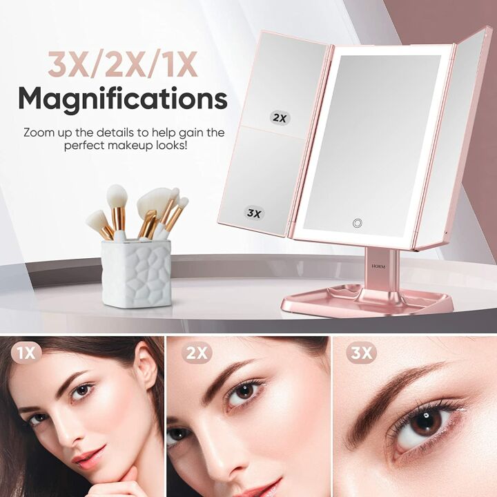 Trifold Makeup Mirror with LED Lights & Magnification