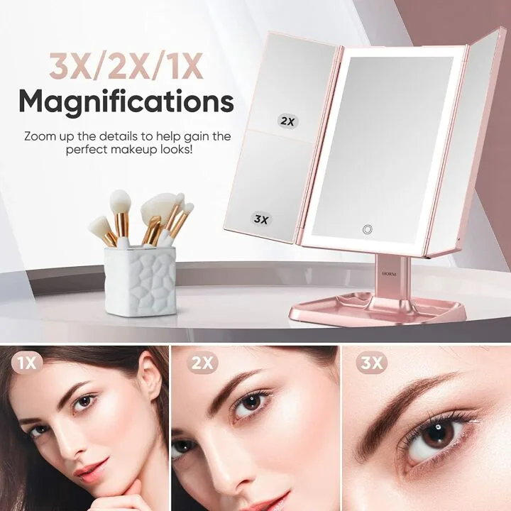 Trifold Makeup Mirror with LED Lights & Magnification