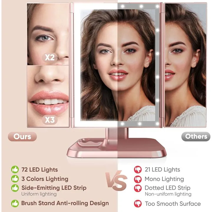 Trifold Makeup Mirror with LED Lights & Magnification