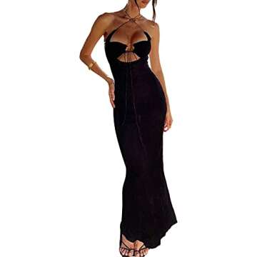Women's Criss Cross Spaghetti Strap Bodycon Maxi Dress Cutout High Waist Wrap Summer Camis Halter Party Long Dress (Black, M)
