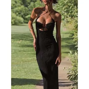 Women's Criss Cross Spaghetti Strap Bodycon Maxi Dress Cutout High Waist Wrap Summer Camis Halter Party Long Dress (Black, M)