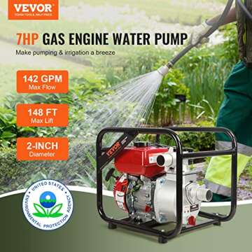 VEVOR Trash Pump 2 inch, 7HP 142 GPM, 4-Cycle Engine, Gas Powered Water Pump 148ft Lift, Gasoline En...