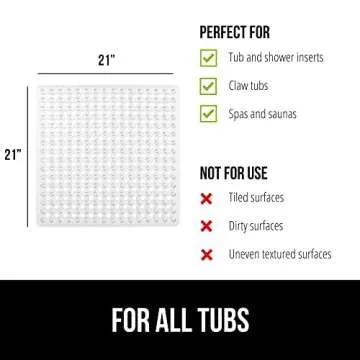 GORILLA GRIP Patented Square Shower Stall Mat, Small Bathtub Floor Mats for Stand Up Showers with Suction Cups and Drainage Holes, Machine Wash, Soft on Feet, Bathroom Accessories 21x21 Inch, Clear