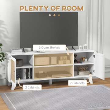 HOMCOM Boho TV Stand for 65 Inch TVs, Entertainment Center with Storage, Media TV Console Table with Rattan Doors, Adjustable Shelves and Cord Hole for Living Room, White