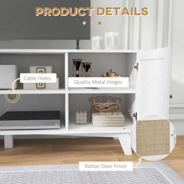 HOMCOM Boho TV Stand for 65 Inch TVs, Entertainment Center with Storage, Media TV Console Table with Rattan Doors, Adjustable Shelves and Cord Hole for Living Room, White
