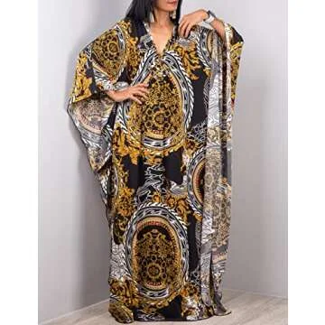 Bsubseach Women Ethnic Print Kaftan Beach Dress Plus Size Swimsuit Cover Up Black Yellow