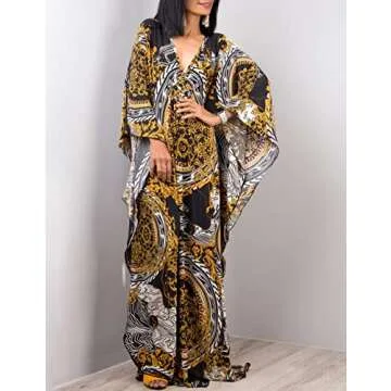 Bsubseach Women Ethnic Print Kaftan Beach Dress Plus Size Swimsuit Cover Up Black Yellow