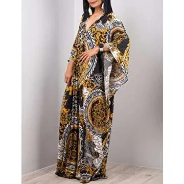 Bsubseach Women Ethnic Print Kaftan Beach Dress Plus Size Swimsuit Cover Up Black Yellow
