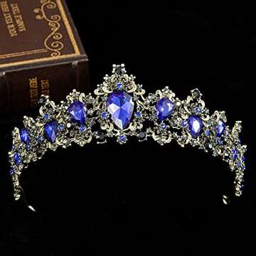 Vintage Retro Goth Bronze Black Crystal Tiaras Crowns for Women Party Wedding Festival Headbands (Blue)