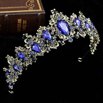 Vintage Retro Goth Bronze Black Crystal Tiaras Crowns for Women Party Wedding Festival Headbands (Blue)