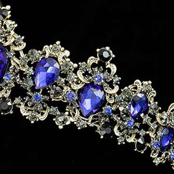 Vintage Retro Goth Bronze Black Crystal Tiaras Crowns for Women Party Wedding Festival Headbands (Blue)