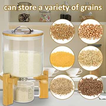 Rice Dispenser, Glass Rice Dispenser with Stand, Airtight Cereal Dry Food Glass Storage Dispenser Containers for Kitchen Organization (5L)