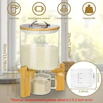 Rice Dispenser, Glass Rice Dispenser with Stand, Airtight Cereal Dry Food Glass Storage Dispenser Containers for Kitchen Organization (5L)