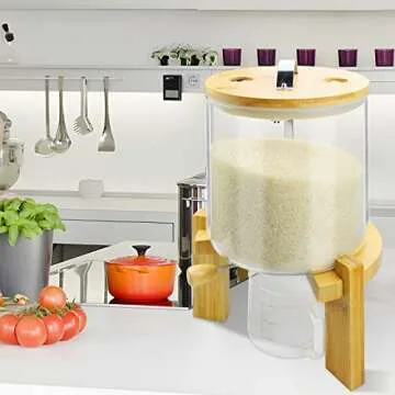 Rice Dispenser, Glass Rice Dispenser with Stand, Airtight Cereal Dry Food Glass Storage Dispenser Containers for Kitchen Organization (5L)