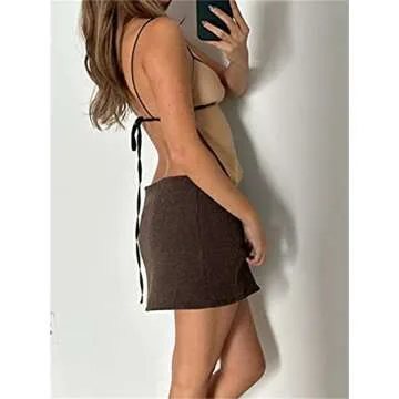 Women Sexy Y2K Low Cut Camisole Slim Fit Backless Spaghetti Straps Deep V Neck Lace Up Tank Crop Tops Solid Fairy Summer Streetwear Khaki