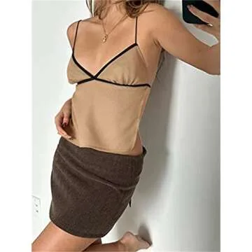 Women Sexy Y2K Low Cut Camisole Slim Fit Backless Spaghetti Straps Deep V Neck Lace Up Tank Crop Tops Solid Fairy Summer Streetwear Khaki