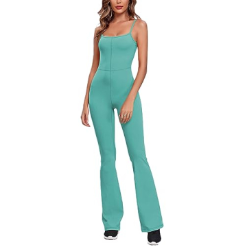 Abonlen Flare Jumpsuit for Women Sleeveless Spaghetti Strap Yoga Casual Long Pants Rompers (Mint Gre...
