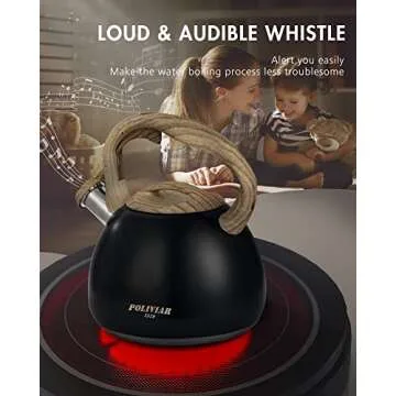 POLIVIAR Tea Kettle, Black Ti Stovetop Tea Kettle 2.7 Quart , Audible Whistling Teapot, Food Grade Stainless Steel for Anti-Rust and Anti Hot Handle, Suitable for All Heat Sources (JX2018-WB20)