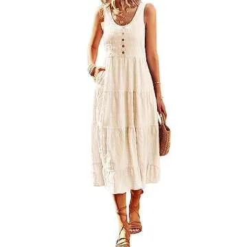 Women's Casual Summer Dress Loose Sleeveless Tank Dresses Smocked Tiered Flowy Midi Sundress with Pockets Beige Small