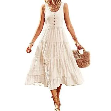 Women's Casual Summer Dress Loose Sleeveless Tank Dresses Smocked Tiered Flowy Midi Sundress with Pockets Beige Small