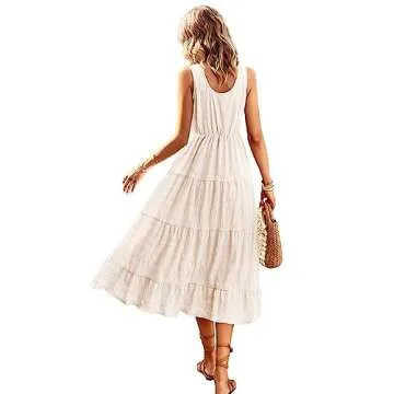 Women's Casual Summer Dress Loose Sleeveless Tank Dresses Smocked Tiered Flowy Midi Sundress with Pockets Beige Small