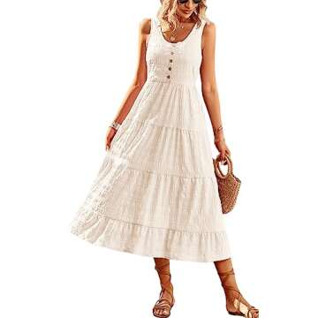 Women's Casual Summer Dress Loose Sleeveless Tank Dresses Smocked Tiered Flowy Midi Sundress with Pockets Beige Small
