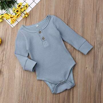Seyurigaoka Newborn Unisex Baby Solid Bodysuit Basic Plain Rib Stitch Long Sleeve Romper Clothes for Infant Boy Girl Blue