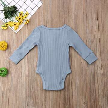 Seyurigaoka Newborn Unisex Baby Solid Bodysuit Basic Plain Rib Stitch Long Sleeve Romper Clothes for Infant Boy Girl Blue