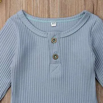 Seyurigaoka Newborn Unisex Baby Solid Bodysuit Basic Plain Rib Stitch Long Sleeve Romper Clothes for Infant Boy Girl Blue
