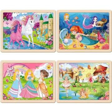 Wooden Puzzles for Kids Ages 4-6, 4 Packs 24 PCs Unicorn Mermaid Princess Fairy Jigsaw Puzzles, Pres...