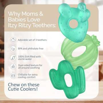 Itzy Ritzy Water-Filled Teethers - Cold Cutie Coolers Textured On Both Sides to Massage Sore Gums & Emerging Teeth - Can Be Chilled in Refrigerator, Set of 3 Green Cactus Water Teethers