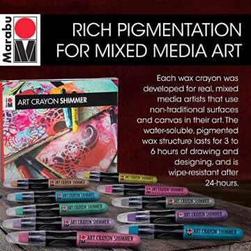 Marabu Art Crayons Shimmer Set - 10 Highly Pigmented Metallic Watercolor Crayons - Smooth and Easy Blending Water Soluble Crayons for Mixed Media Artists - Arts and Crafts for Adults
