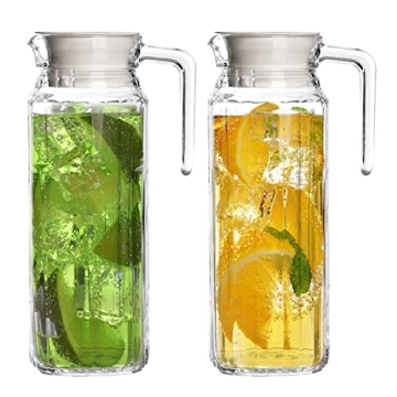 Glass Pitcher with Lid – Set of 2 34Oz Glass Water Pitcher – Cold Water Carafe For Ice Tea, Lemo...