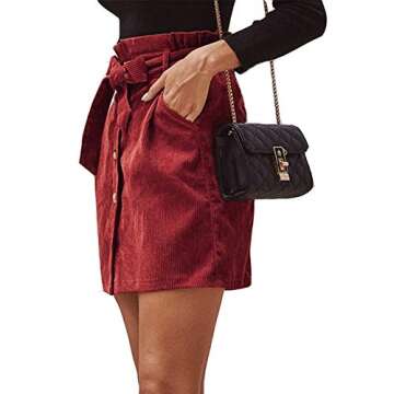 Susupeng Women Paperbag High Waist Elastic Belted Corduroy Button Front with Pockets Short Mini Skir...