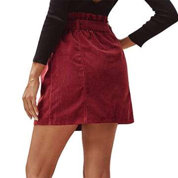 Susupeng Women Paperbag High Waist Elastic Belted Corduroy Button Front with Pockets Short Mini Skirt(Small, WineRed)